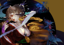 Rule 34 | 1girl, abstract background, animal ears, between breasts, breasts, brown hair, bug, butterfly, butterfly on hand, cleavage, constellation, fangs, feathers, fingernails, glowing, glowing eyes, highres, hime cut, horns, bug, japanese clothes, jewelry, kimono, large breasts, lips, long hair, looking at viewer, luman, monster girl, nebula, necklace, nose, obi, off shoulder, open mouth, original, pendant, plant, realistic, sash, sideways glance, skull necklace, slit pupils, smoke, solo, upper body, wide sleeves, yellow eyes, traditional youkai