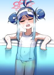 Rule 34 | 1girl, antenna hair, bare arms, blue archive, blue hair, cleft of venus, closed eyes, clothing aside, covered navel, cowboy shot, double bun, fubuki (blue archive), fubuki (swimsuit) (blue archive), guman project, hair bun, halo, highres, one-piece swimsuit, open mouth, partially submerged, pee, peeing, pussy, red halo, solo, swimsuit, swimsuit aside, teeth, upper teeth only, visor cap, water, white one-piece swimsuit