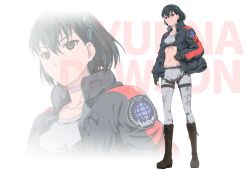 Rule 34 | 1girl, black gloves, black hair, black jacket, boots, breast strap, breasts, brown eyes, brown footwear, character name, choker, fingerless gloves, gloves, grey choker, hair between eyes, highres, jacket, leggings, looking ahead, midriff, navel, official art, small breasts, solo, standing, super robot wars, super robot wars dd, suzuki kanta, transparent background, yunna dawson, zoom layer