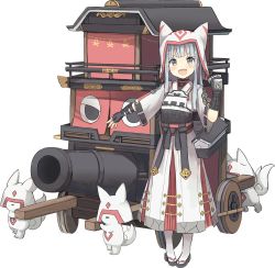 Rule 34 | 1girl, animal ears, armor, armored dress, cannon, dog ears, dress, fang, fingerless gloves, gloves, grey eyes, hat, hat with ears, inuyama (oshiro project), isegawa yasutaka, long hair, looking at viewer, official art, open mouth, oshiro project:re, silver hair, smile, transparent background