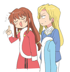 Rule 34 | 2girls, :d, annoyed, blonde hair, blue jacket, brown hair, erica fontaine, glycine bleumer, grey shirt, hair behind ear, holding, holding clothes, holding jacket, jacket, jacket on shoulders, long hair, multiple girls, open mouth, pointing, pointing up, red jacket, sakura taisen, sakura taisen iii, shirt, shoujo kageki revue starlight, smile, tsubobot