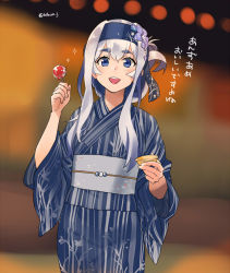 Rule 34 | 1girl, blue eyes, blue headband, blue kimono, candy apple, commentary request, cowboy shot, folded ponytail, food, fugu custom, headband, japanese clothes, kamoi (kancolle), kantai collection, kimono, looking at viewer, official alternate costume, one-hour drawing challenge, sidelocks, solo, striped clothes, striped kimono, translation request, white hair, yukata