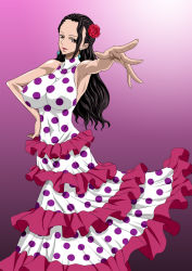 Rule 34 | 1girl, armpits, bare shoulders, black hair, breasts, brown eyes, covered erect nipples, dress, earrings, female focus, flower, hand on own hip, highres, jewelry, large breasts, long hair, looking at viewer, nel-zel formula, one piece, rose, simple background, smile, solo, standing, viola (one piece)