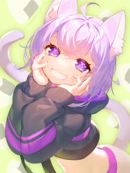 Rule 34 | 1girl, ahoge, animal ear fluff, animal ears, anywhere knock, bad id, bad pixiv id, black hoodie, blush, cat ears, cat tail, commentary, cropped hoodie, food-themed background, green background, grin, hands on own cheeks, hands on own face, hands up, highres, hololive, hood, hoodie, long sleeves, looking at viewer, nekomata okayu, nekomata okayu (1st costume), purple eyes, purple hair, short hair, smile, solo, symbol-only commentary, tail, twitter username, upper body, virtual youtuber