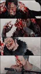 Rule 34 | 4boys, black hair, blood, blood on face, coat, crocodile (one piece), donquixote doflamingo, earrings, eigoni, fur coat, fur collar, grey eyes, hand up, highres, holding, holding sword, holding weapon, jewelry, licking blood, male focus, multiple boys, one piece, panels, roronoa zoro, scar, scar on face, simple background, sunglasses, sword, trafalgar law, weapon, wiping face, yellow eyes