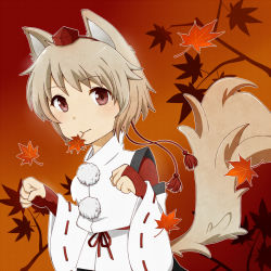 Rule 34 | 1girl, :&gt;, animal ears, branch, bridal gauntlets, chairoino ino, clenched hands, detached sleeves, gradient background, hands up, hat, inubashiri momiji, leaf, light smile, looking at viewer, maple leaf, polka dot, polka dot background, pom pom (clothes), red eyes, short hair, silver hair, solo, tail, tassel, tokin hat, touhou, vest, wolf ears, wolf tail