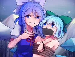 Rule 34 | 2girls, arm around shoulder, black ribbon, blue bow, blue dress, blue eyes, blue hair, bound, bow, cirno, cirno (cosplay), commentary, cosplay, dress, english commentary, gag, gagged, green bow, grin, hair bow, hand on own chest, ice, ice wings, improvised gag, look-alike, looking at another, looking at viewer, mai (touhou), multiple girls, neck ribbon, nude, pinafore dress, puffy short sleeves, puffy sleeves, red ribbon, ribbon, rope, shirt, short hair, short sleeves, sleeveless dress, smile, speckticuls, tape, tape gag, tears, tied up, touhou, touhou (pc-98), upper body, v-shaped eyebrows, white shirt, wings, wrist ribbon