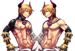 Rule 34 | 2boys, black gloves, blonde hair, blue eyes, chest tattoo, commentary request, elbow gloves, emon-yu, gauntlets, gloves, grin, hair between eyes, hair over one eye, horns, jewelry, looking at viewer, male focus, mirror image, multiple boys, necklace, no nipples, pants, ragnarok online, red eyes, short hair, shrug (clothing), simple background, smile, sura (ragnarok online), symmetry, tattoo, topless male, upper body, white background, white pants