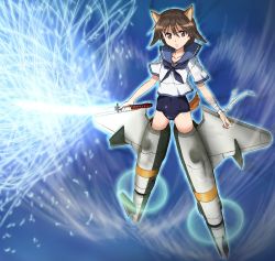 Rule 34 | 1girl, animal ears, aura, bad id, bad pixiv id, bandages, brown eyes, brown hair, cat ears, cat tail, dog ears, dog tail, flying, glowing, glowing sword, glowing weapon, miyafuji yoshika, neckerchief, one-piece swimsuit, sailor, school swimsuit, solo, strike witches, striker unit, swimsuit, swimsuit under clothes, sword, tail, weapon, world witches series, zouni (xavier)