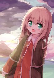 Rule 34 | 1girl, :d, blush, brown cloak, cloak, cloud, cloudy sky, collared shirt, commentary request, green eyes, hair between eyes, light brown hair, long hair, long sleeves, looking at viewer, morning, open mouth, original, outdoors, pajamas, red pajamas, red shirt, shirt, sky, smile, solo, sunlight, upper body, yuuhagi (amaretto-no-natsu)
