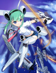 Rule 34 | 1girl, aircraft, airplane, blade, blue eyes, cloud, cutting, flying, girl arms, green hair, jet, mecha musume, midriff, military, northrop xp-79 flying ram, personification, propeller, slicing, star (symbol), ta 154, weapon, world war ii, zeco