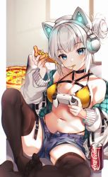 Rule 34 | 1girl, animal ear headphones, animal ears, artist name, belt, blue eyes, blue shorts, blunt bangs, breasts, brown thighhighs, can, cat ear headphones, coca-cola, collarbone, commentary, controller, eating, fake animal ears, food, game controller, hair bun, headphones, holding, holding controller, holding food, holding game controller, holding pizza, kiyochii, long hair, looking at viewer, medium breasts, navel, original, pizza, short hair, shorts, silver hair, single hair bun, sitting, solo, symbol-only commentary, thighhighs, thighs