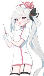 Rule 34 | 1girl, :d, billbung, blue archive, blush, garter straps, gloves, grey hair, hair ornament, halo, hat, holding, holding syringe, long hair, looking at viewer, mutsuki (blue archive), nurse, nurse cap, open mouth, purple eyes, short sleeves, side ponytail, simple background, smile, solo, syringe, thighhighs, very long hair, white background, white gloves, white hat, white thighhighs