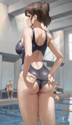 Rule 34 | 1girl, 3boys, adjusting clothes, anteiru, ass, black one-piece swimsuit, blurry, blurry background, blush, breasts, brown eyes, brown hair, commentary request, competition swimsuit, fujisaki hanami (anteiru), highres, indoors, looking at viewer, looking back, medium breasts, multiple boys, one-piece swimsuit, original, ponytail, pool, short hair, solo focus, standing, swimsuit, water