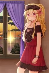 Rule 34 | 1girl, bad id, bad pixiv id, bare shoulders, black bow, blonde hair, blush, bow, braid, character request, closed mouth, cloud, cloudy sky, collarbone, curtains, dress, flower, hair between eyes, hair flower, hair ornament, hand on own chin, hand up, horizon, indoors, inishie no megami to houseki no ite, kurata rine, long hair, looking at viewer, nose blush, ocean, off-shoulder dress, off shoulder, official art, polka dot, polka dot dress, red dress, red eyes, red flower, short sleeves, side braid, single braid, sky, solo, standing, sunlight, sunset, sweat, tears, water, window