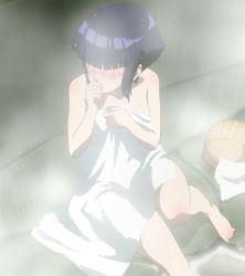 Rule 34 | 1girl, barefoot, bucket, covering privates, feet, highres, hyuuga hinata, legs, naruto, naruto (series), nude, nude cover, screencap, solo, steam, stitched, third-party edit, toes, towel