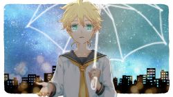 Rule 34 | 1boy, alternate sleeve length, aqua eyes, backlighting, black collar, blonde hair, cityscape, collar, collarbone, commentary, highres, holding, holding umbrella, kagamine len, lens flare, long sleeves, looking up, male focus, nail polish, necktie, night, night sky, outstretched hand, parted lips, sailor collar, sakanashi, school uniform, shirt, silhouette, sky, spiked hair, star (sky), starry sky, tears, transparent, transparent umbrella, umbrella, upper body, vocaloid, white shirt, yellow nails, yellow neckwear