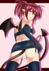 Rule 34 | 1girl, aged up, ass, bad id, bad pixiv id, black gloves, black thighhighs, blush, cameltoe, demon tail, demon wings, disgaea, earrings, elbow gloves, etna (disgaea), gloves, jewelry, looking back, makai senki disgaea 2, open mouth, panties, pointy ears, ponytail, r cross, red hair, shiny skin, solo, tail, thighhighs, underwear, white panties, wings