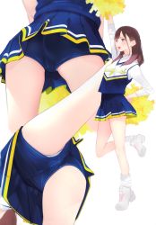 Rule 34 | 1girl, absurdres, ama mitsuki, ankle socks, arm up, bare legs, blue skirt, brown hair, cheerleader, from behind, from below, full body, hair behind ear, hand on own hip, highres, holding, holding pom poms, knee up, long hair, looking afar, miniskirt, multiple views, non-web source, open mouth, original, panties, panty peek, pleated skirt, pom pom (cheerleading), pom poms, scan, shirt, shoes, shorts, shorts under skirt, simple background, skirt, sleeveless, sleeveless shirt, socks, standing, tiptoes, underwear, upshorts, upskirt, white background, white footwear, white shirt