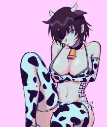 Rule 34 | animal costume, animal ears, animal print, bra, chainsaw man, cow costume, cow ears, cow horns, cow print, cowbell, eyepatch, green eyes, highres, himeno (chainsaw man), horns, liowig, long glove, midriff, pink background, simple background, simple background, stomach tattoo, tattoo, thighhighs, tie panties, underwear