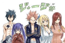 Rule 34 | 2boys, 3girls, black hair, blue hair, breasts, brown hair, chest tattoo, cleavage, collarbone, erza scarlet, fairy tail, gray fullbuster, hair over one eye, jacket, large breasts, long hair, looking at viewer, lucy heartfilia, mashima hiro, multiple boys, multiple girls, natsu dragneel, official art, open clothes, open jacket, pink hair, red hair, simple background, smile, tattoo, teeth, twintails, wendy marvell, white background