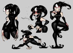 Rule 34 | 1girl, absurdres, adapted costume, alternate hairstyle, ass, black hair, black sclera, black sleeves, bodystocking, breasts, colored sclera, detached sleeves, dress, highres, large breasts, leg up, long fingers, multicolored hair, noss (rariatto), open mouth, original, ponytail, rariatto (ganguri), ribbed dress, sharp teeth, smile, spread legs, streaked hair, teeth, thighs, vampire, wavy mouth, white hair
