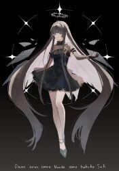 Rule 34 | 1girl, :|, absurdly long hair, arknights, bare legs, black background, black dress, black eyes, black footwear, black gloves, black hair, closed mouth, collared dress, diamond-shaped pupils, diamond (shape), dress, expressionless, floating hair, full body, gloves, hand up, high heels, highres, legs together, long bangs, long hair, long sleeves, looking at viewer, open hand, outstretched arm, pleated dress, romaji text, senjou no pentsu, short dress, sidelocks, simple background, solo, sparkle, symbol-shaped pupils, translation request, very long hair, virtuosa (arknights), yellow pupils