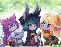 Rule 34 | 4girls, :3, absurdres, book, breasts, cleavage, goggles, goggles on head, green hair, highres, league of legends, long hair, lulu (league of legends), multiple girls, pointy ears, poppy (league of legends), purple eyes, purple hair, short hair, tristana, twintails, very long sleeves, vex (league of legends), yordle