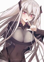 Rule 34 | 1girl, arm behind back, beak (girls&#039; frontline), breasts, commentary, commission, covered navel, finger to mouth, girls&#039; frontline, grey hair, hair between eyes, headgear, highres, large breasts, long hair, looking at viewer, open mouth, phago, pink eyes, sangvis ferri, simple background, solo, upper body, white background