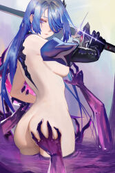 Rule 34 | 1girl, absurdres, acheron (honkai: star rail), ass, ass grab, black gloves, blue eyes, blue hair, breasts, c1718259, commentary request, detached sleeves, elbow gloves, expressionless, from behind, glint, gloves, gradient hair, hair over one eye, hand up, highres, holding, holding sword, holding weapon, honkai: star rail, honkai (series), long hair, looking at viewer, medium breasts, multicolored hair, nude, one eye covered, open mouth, purple hair, standing, sword, two-tone hair, very long hair, wading, weapon