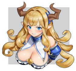 1girl angry blonde_hair blue_eyes breasts cleavage draph female_focus granblue_fantasy horns large_breasts long_hair looking_at_viewer mikurou_(nayuta) pointy_ears razia solo upper_body very_long_hair