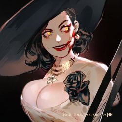 Rule 34 | alcina dimitrescu, blood, blood on face, breasts, cleavage, dress, earrings, evil smile, flower, hat, jewelry, lanhacy, looking at viewer, necklace, pearl necklace, resident evil, resident evil village, rose, smile, solo, vampire