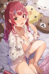 Rule 34 | 1girl, absurdres, arrow through heart, blush, breasts, buttons, cleavage, collarbone, fanning face, hair down, haru yu, heterochromia, highres, hololive, houshou marine, indoors, long hair, looking at viewer, open mouth, pajamas, red eyes, red hair, sex toy, sitting, soles, solo, stuffed animal, stuffed toy, sweat, vibrator, virtual youtuber, yellow eyes