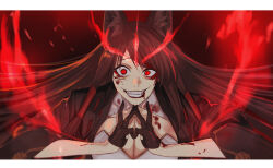 Rule 34 | 1girl, absurdres, akagi (azur lane), akizuki (17769498), animal ears, azur lane, black gloves, black kimono, blood, blood on breasts, blood on chest, blood on clothes, blood on face, blood stain, breasts, brown hair, cleavage, cleavage cutout, clenched teeth, clothing cutout, crazy eyes, crazy smile, eyeshadow, fangs, fire, fox ears, fox girl, gloves, glowing, glowing eyes, grin, hair ornament, hair over one eye, hairclip, hands up, highres, japanese clothes, kimono, kuji-in, large breasts, long hair, looking at viewer, makeup, own hands together, print kimono, red eyes, red eyeshadow, slit pupils, smile, solo, teeth, upper body, very long hair, wide-eyed