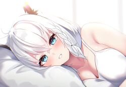 Rule 34 | 1girl, ahoge, animal ear fluff, animal ears, backlighting, bare shoulders, blue eyes, blush, braid, breasts, camisole, collarbone, commentary request, fox ears, fox girl, grin, hair between eyes, head on pillow, highres, hololive, kumarang, long hair, looking at viewer, lying, medium breasts, on side, pov, shirakami fubuki, side braid, sidelocks, smile, solo, virtual youtuber, white camisole, white hair