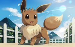 Rule 34 | :d, blue sky, brown eyes, bush, cloud, creatures (company), day, eevee, fence, flower, full body, game freak, gen 1 pokemon, lens flare, looking away, looking to the side, nintendo, no humans, open mouth, outdoors, petals, pokemon, pokemon (creature), road, shibainu, sky, smile, solo, standing, white flower, wooden fence