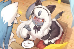 Rule 34 | 1girl, 1other, absol, absurdres, animal ears, animal hands, artist name, averting eyes, black bow, black bowtie, black dress, black thighhighs, blue hair, blush, body fur, bow, bowtie, box, bright pupils, cardboard box, cat ears, claws, colored skin, confetti, crack, creatures (company), dated, dress, embarrassed, english text, female focus, frilled dress, frilled sleeves, frills, from above, furry, furry female, game freak, garter straps, gen 3 pokemon, glasses, grey horns, grey skin, hand up, highres, holding, horns, in container, indoors, long hair, looking to the side, maid headdress, motion blur, neck fur, nervous, nervous smile, nintendo, nose blush, open mouth, personification, pokemon, pokemon (creature), puffy short sleeves, puffy sleeves, red eyes, round eyewear, short dress, short sleeves, shy, sidelocks, signature, single horn, smile, solo focus, speech bubble, sweat, tail, tail bow, tail ornament, talking, thighhighs, toeless legwear, wavy mouth, white fur, white hair, white pupils, wooden floor, wrist cuffs, zinfyu
