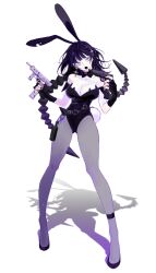 Rule 34 | black hair, gloves, gun, highres, holding, holding gun, holding weapon, leotard, lipstick, makeup, pantyhose, playboy bunny, purple eyes, rabbit ears, rabbit tail, simple background, tagme, twintails, weapon