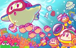 Rule 34 | &gt; o, backwards hat, beanie, blipper, camera, coral reef, craby (kirby), deepsee, flotzo, glunk (kirby), goggles, hat, jitome, kirby, kirby (series), nintendo, no humans, official art, recording, scuba, snorkel, squishy (kirby), submerged, swimming, the claykken, underwater, waddle dee