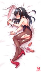Rule 34 | 1girl, aftersex, alternate costume, animal ears, artist logo, asashio (kancolle), black eyes, black hair, black leotard, blush, bow, bowtie, brown pantyhose, carrot, commentary request, cup, dated, detached collar, drinking glass, fake animal ears, full body, high heels, highres, kanon (kurogane knights), kantai collection, leotard, leotard pull, long hair, lying, on side, pantyhose, playboy bunny, rabbit ears, rabbit tail, red bow, red bowtie, red footwear, solo, spill, strapless, strapless leotard, tail, tears, torn clothes, torn pantyhose, wine glass, wrist cuffs