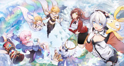 Rule 34 | 1boy, 5girls, :d, aether (genshin impact), bird, black eyes, black scarf, black skirt, blonde hair, blue eyes, blue jacket, blue sky, bodysuit, braid, braided ponytail, breasts, brown hair, brown pants, camera, cape, cleavage, closed mouth, cloud, cloudy sky, company connection, crossover, floating, full body, genshin impact, green eyes, hair ornament, halo, highres, holding, holding camera, homu (honkai impact), honkai: star rail, honkai (series), honkai impact 3rd, jacket, kiana kaslana, kiana kaslana (white comet), long hair, long sleeves, looking at viewer, lumine (genshin impact), march 7th (honkai: star rail), medium hair, mihoyo, multiple girls, nana895, one eye closed, open mouth, outdoors, outstretched arms, paimon (genshin impact), pants, pink eyes, pink hair, polo shirt, pom-pom (honkai: star rail), rainbow, red jacket, rosa (tears of themis), scarf, shirt, short sleeves, skirt, sky, smile, tears of themis, twin braids, white bodysuit, white cape, white hair, white scarf, white shirt, yellow eyes