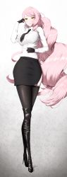 Rule 34 | 1girl, absurdres, black footwear, black necktie, black skirt, black thighhighs, blouse, blush, boots, breasts, closed mouth, collared shirt, commentary, commentary request, fate/grand order, fate (series), full body, high heels, highres, koyanskaya (fate), large breasts, long hair, long sleeves, looking at viewer, necktie, pink hair, shiroshisu, shirt, shirt tucked in, skirt, solo, standing, tamamo (fate), thigh boots, thighhighs, thighhighs under boots, thighs, white shirt