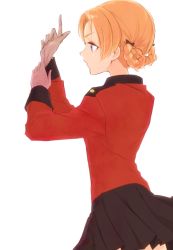 Rule 34 | 1girl, black bow, black skirt, blue eyes, bow, braid, commentary request, epaulettes, from side, fuji (fuji mount3333), girls und panzer, glove pull, gloves, grey gloves, hair bow, jacket, long hair, long sleeves, military, military uniform, orange hair, orange pekoe (girls und panzer), parted bangs, pleated skirt, red jacket, short hair, simple background, skirt, st. gloriana&#039;s military uniform, standing, twin braids, uniform, upper body, white background