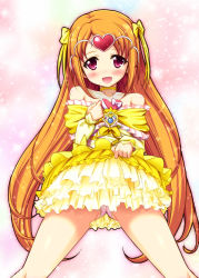 Rule 34 | 10s, 1girl, bare shoulders, bow, brooch, bubble skirt, choker, circlet, cure muse, cure muse (yellow), dress, frills, hair ribbon, heart, highres, jewelry, long hair, orange hair, panties, precure, red eyes, ribbon, shirabe ako, shiwo, skirt, solo, suite precure, underwear, yellow dress, yellow skirt