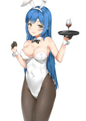 Rule 34 | 1girl, animal ears, arm up, bare shoulders, black gloves, black pantyhose, blue hair, blush, bow, bowtie, breast press, breasts, brown eyes, cleavage, cocktail glass, covered navel, cowboy shot, cup, detached collar, drinking glass, fake animal ears, girls&#039; frontline, gloves, hairband, half gloves, hand up, hexagram, highres, holding, holding tray, large breasts, legs together, leotard, long hair, looking at viewer, official alternate costume, open mouth, pantyhose, pixel (yuxian), playboy bunny, rabbit ears, sidelocks, simple background, smile, solo, standing, star of david, straight hair, swept bangs, tar-21 (girls&#039; frontline), tar-21 (night at the bar) (girls&#039; frontline), tray, waitress, white background, wine glass, wrist cuffs