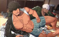 Rule 34 | 2boys, abs, arm up, armpit hair, beer can, biceps, black hair, boxers, brown hair, can, chest hair, controller, dark-skinned male, dark skin, drink can, english text, facial hair, flexing, futon, game controller, grin, hair between eyes, highres, holding, hood, indie virtual youtuber, leg hair, long sleeves, looking at viewer, lube, lying, magazine (object), male focus, male pubic hair, male underwear, messy hair, multiple boys, muscular, nipples, nullq (nullqllun), on side, open clothes, open mouth, pants, pectorals, pubic hair, shirt, shirt over head, smile, tan, trash bag, trash can, tsukaji osamu, underwear, used tissue, v-shaped eyebrows, virtual youtuber, white hair, white shirt