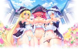 Rule 34 | 3girls, alisa forerulozzo, apron, aqua eyes, black panties, blonde hair, blue hair, blue panties, blush, bow, bow panties, breasts, breasts out, cowboy shot, day, detached sleeves, dress, flower, game cg, garter belt, garter straps, hair ornament, hairclip, hat, highres, huge breasts, ichiyou moka, light blue hair, liliana echsun, long hair, looking at viewer, maid in witch life!, mansion, multiple girls, navel, nipples, official art, outdoors, panties, panties over garter belt, pink hair, pink panties, purple eyes, red eyes, side-tie panties, smile, strapless, strapless dress, string panties, take your pick, thighhighs, two side up, underwear, very long hair, waist apron, white legwear, witch hat, yuel yunietto