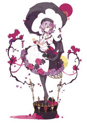 Rule 34 | 1girl, alternate costume, artist logo, bat wings, black flower, black hat, black pantyhose, black rose, closed mouth, cup, dress, earrings, flower, full body, hat, highres, holding, holding cup, ideolo, jewelry, pantyhose, pointy ears, puffy short sleeves, puffy sleeves, purple hair, red eyes, red flower, red rose, remilia scarlet, rose, short hair, short sleeves, smile, solo, touhou, white background, white dress, wings