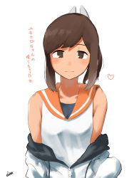 Rule 34 | 1girl, 4me 4ma, blue one-piece swimsuit, blush, breasts, closed mouth, heart, highres, i-401 (kancolle), jacket, kantai collection, looking at viewer, one-piece swimsuit, orange sailor collar, ponytail, sailor collar, shirt, signature, simple background, sleeveless, sleeveless shirt, solo, swimsuit, swimsuit under clothes, translation request, white background, white jacket