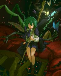 Rule 34 | 1girl, antennae, bug, butterfly, butterfly wings, cape, centipede, full body, green eyes, green hair, insect, insect wings, kijima (amayadori-tei), lantern, long sleeves, looking at viewer, matching hair/eyes, shirt, shoes, short hair, shorts, sitting, socks, solo, staff, touhou, wings, wriggle nightbug